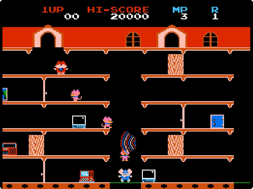 Mappy opening a flashing microwave door, sending a rainbow wave toward the cats