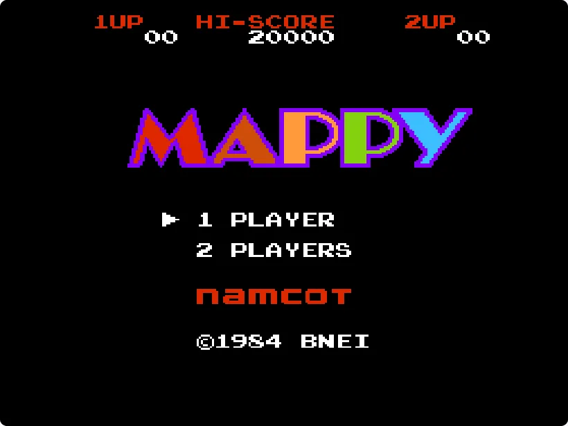 Mappy Famicom title screen with 1 Player and 2 Players options and the Namcot logo
